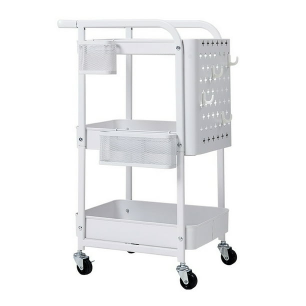 White Metal Service Cart with Practical Handle and Extra 2 Baskets TOOLF 3-Tier Storage Rolling Cart Trolley Organizer with Removable Pegboard 4 Hooks for Kitchen Office Home White Metal Service Cart with Practical Handle and Extra 2 Baskets TOOLF 3-Tier Storage Rolling Cart Trolley Organizer with Removable Pegboard 4 Hooks for Kitchen Office Home